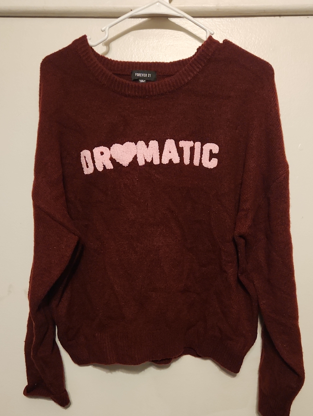Forever 21 Burgundy Sweater with Pink 'DR♥MATIC' Lettering